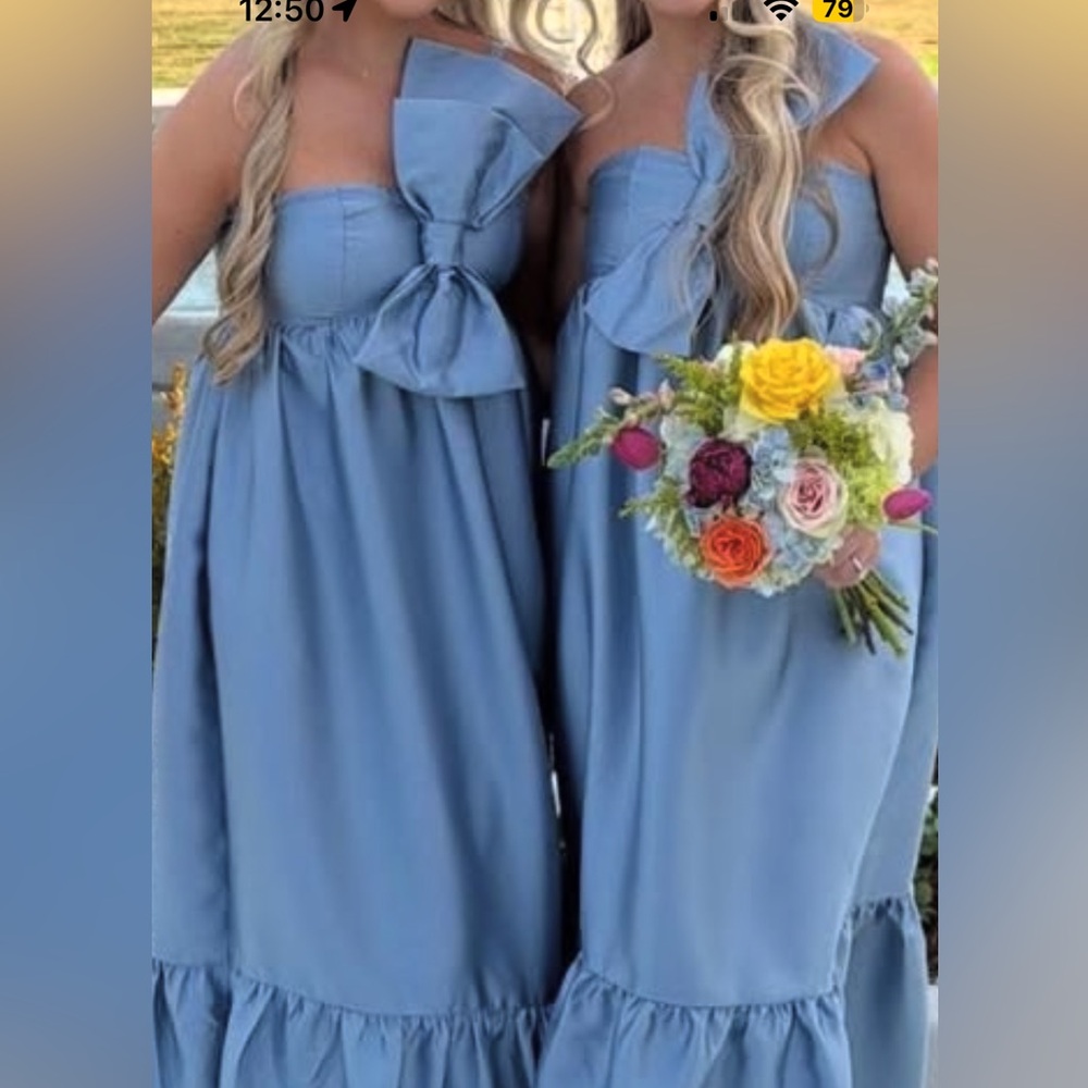 Petal & Pup Dusty Blue one shoulder dress with bow